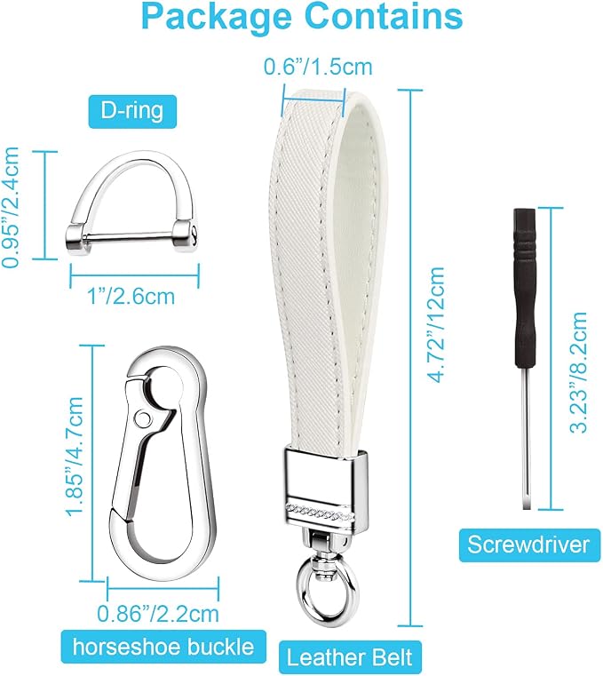 Genuine Leather Car Keychain,Universal Heavy Duty Metal Key Chain Accessories,Car Fob Key Keychain Holder with 360 Degree Rotatable Snap Swivel and Anti-Lost D-Ring for Men Women(White)