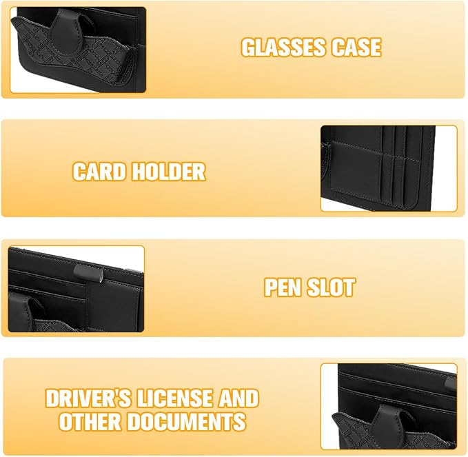 Car Sun Visor Organizer, Multifunctional Visor Storage Pouch with Sunglasses Holder & Card Sleeve Pocket, Auto Interior Organizer Pocket Bag for Pens Cards Documents, Universal Fit (Black)