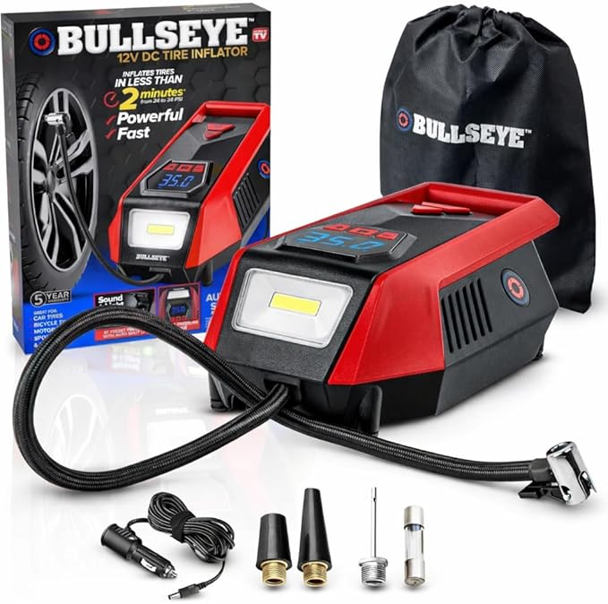 Bullseye 12V DC Car Tire Inflator Portable Air Compressor - Rapid 2 Minute Inflation, Auto Shut-Off, Max 150 PSI, Easy Cord Storage, Digital Pressure Gauge, Works For Bikes, Motorcycles, Inflateables