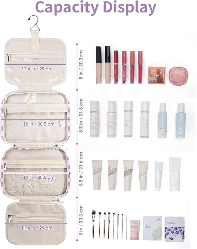 Travel Toiletry Bag for Women Large Hanging Makeup Bag Organizer Toiletries Bag for Full Size Essentials Accessories Cosmetics (Purple Checkerboard (Large))