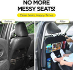 Back Seat Cover for Kids + 6 Pocket Storage Organizer, 2 Pack X-Large Kick Mats Backseat Protector with iPad Tablet Holder, Car Seat Back Protectors for Vehicles to Protect from Dirt & Mud