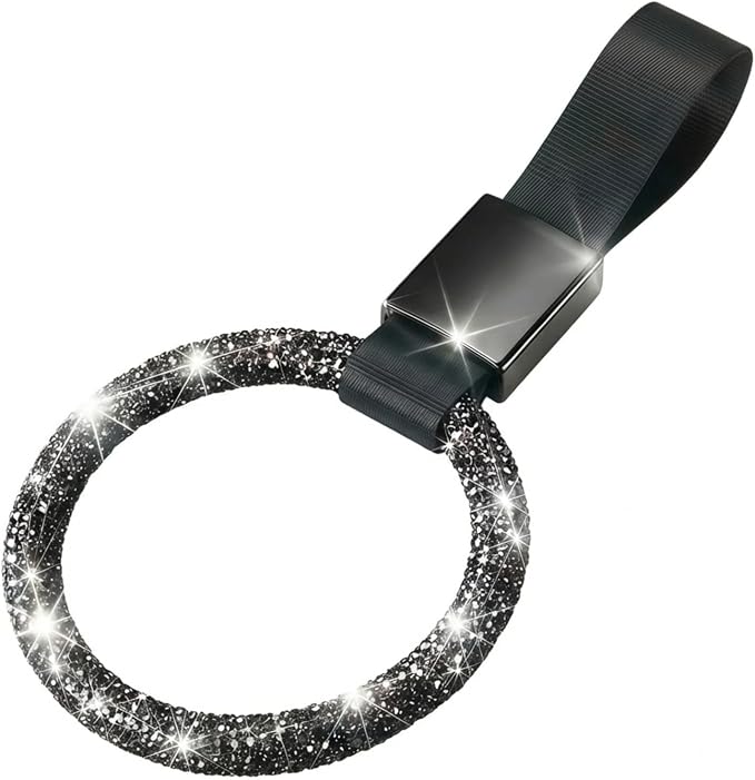 Round Car Handle Strap Drift Charm Car Accessories Bling Handle Ring for Women Rear Bumper Warning Ring Decor for Auto Bus Interior Exterior Decoration (Black, Round Style)