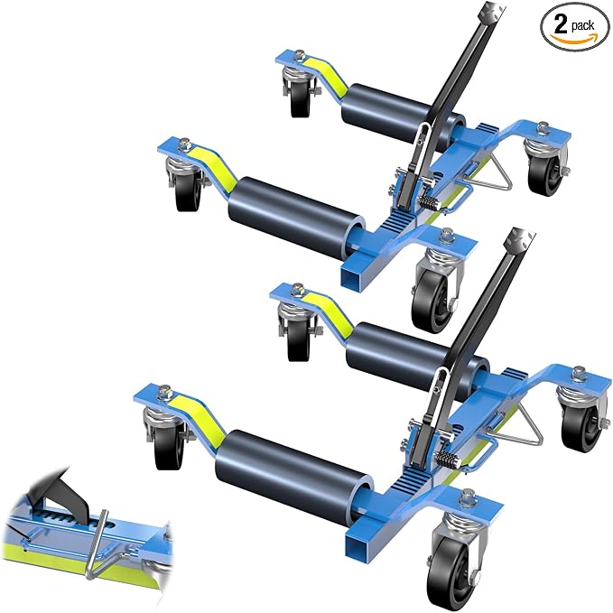 Car Wheel Dolly Jack 2 Set,1500LBS Capacity Mechanical Car Dolly Lifter with Foot Pedal and Steel Rollers,Ratchet Type Skate Wheel Jack with Reflective Tape,for Vehicle Lift Positioning,Blue
