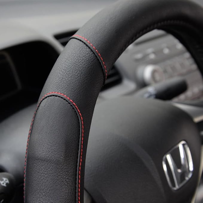 Ergonomic Steering Wheel Cover/Protector for Small Size Steering Wheels in Cars, SUVs, Boats (13.5-14.5") - Grip Drive Pro Comfort Grip (Black/Red Stitching)