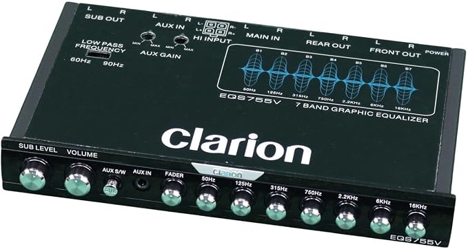 EQS755V 7-Band Car Audio 1/2-DIN Size Car Graphic Equalizer/Crossover with Front 3.5mm Auxiliary Input, Rear RCA Auxiliary Input and High Level Speaker Inputs