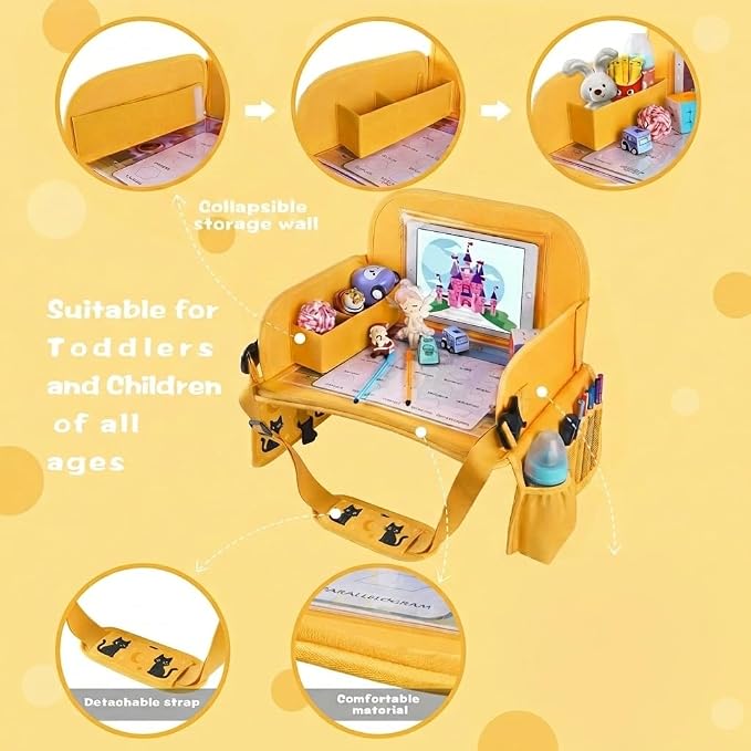 Kids Travel Tray for Toddler Car Seat, Toddler Gift for Boy | Road Trip Essentials Accessories Lap Tray, 16.5 x 13 inch, iPad Holder Stand, Storage Pockets, Snack Compartment, Yellow