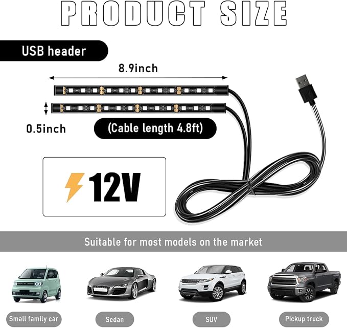 Wevdn Car Interior LED Strip Light, 12V 24 LED Waterproof Neon Ambient Night Light with USB Port, Automotive Atmosphere Decorative Under Dash Lighting Kit, Car Accessories (Blue)