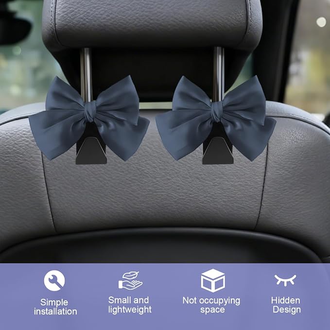 2PCS Car Seat Headrest Hook, Cute Bow Stylish Seat Back Purse Handbag Hanger Organizer, Multi-Purpose Auto Backseat Storage Hook Holder for Umbrella Coat Bag, Universal Fit (Dark Blue)