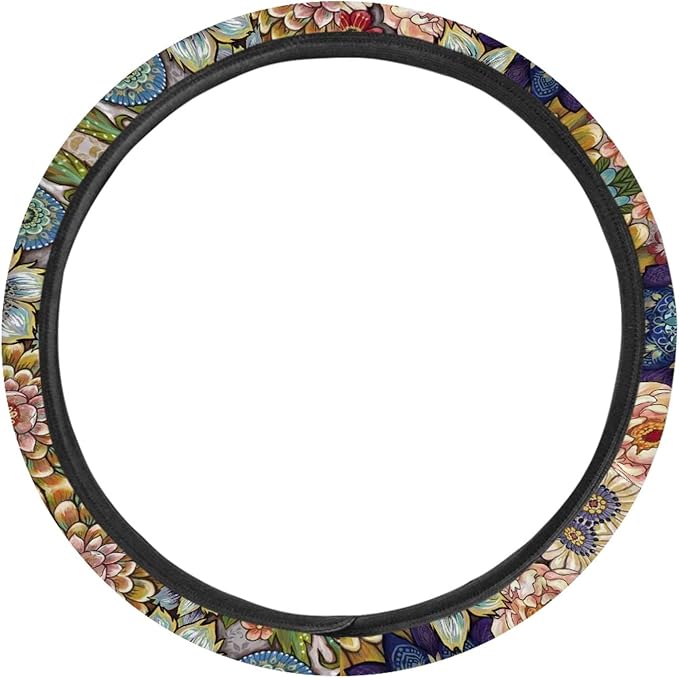 Boho Floral Bright Blossoms Car Steering Wheel Covers for Womens Anti-Slip Comfortable Stretch-on Steering Wheel Protector Cover Sweat Absorption Cover Car Accessories