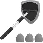 Windshield Cleaning Tool, Car Window Cleaner with Extendable Long Handle and 4 Washable Reusable Microfiber Pads, Auto Interior Exterior Glass Wiper Cleaning Kit Universal for Office and Home (Gray)