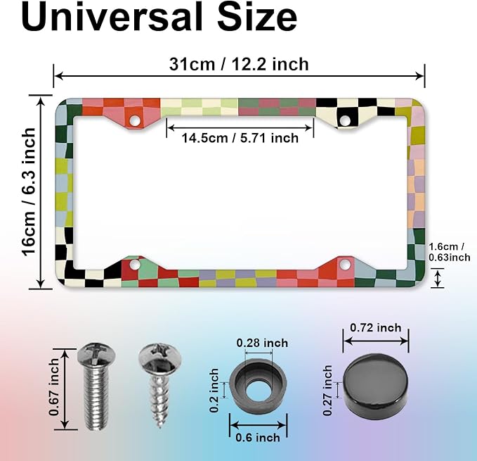 Retro Checkered License Plate Frames，Checkered Car Accessories for Women and Men ，Cute Aluminum License Plate Frame Fits Standard US Vehicles Size 12.2 x 6 Inch (Multicolor-Checkered)