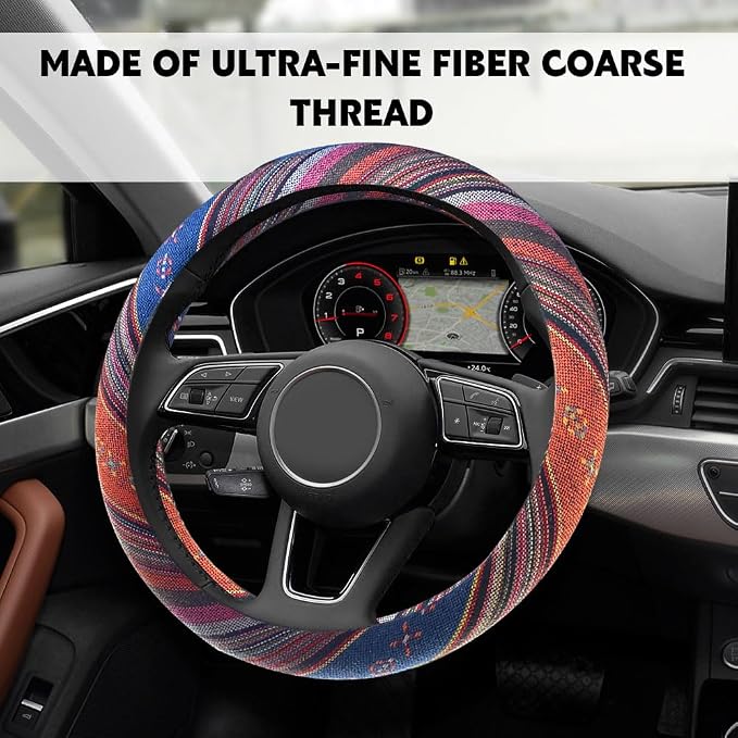 Boho Steering Wheel Cover, Steering Wheel Cover Women, 15 inch Hippie Style Protector Covers, Universal Ethnic Flax Cloth Car Accessories Universal for SUV Van Truck (Hippie-C)