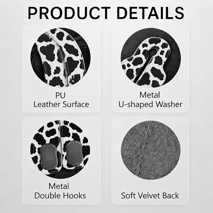 Cute Cow Car Seat Back Storage Headrest Hooks for Purses & Bags – 2PCS PU Leather Dual Metal Hooks, Backseat Organizer Accessories