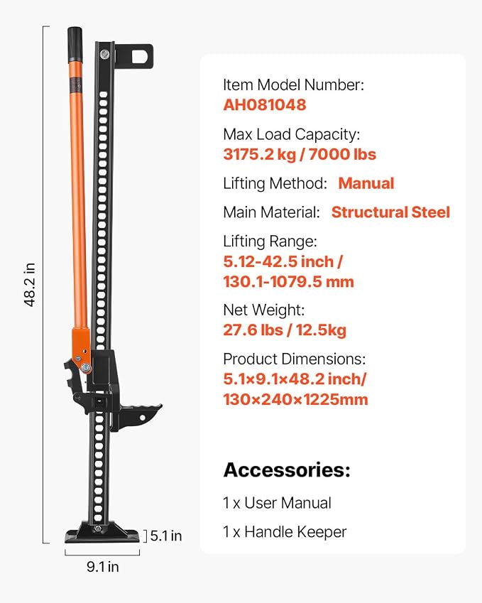 Farm Jack 48 inch Utility High Lift, 7000 lbs Capacity Ratcheting Off Road Jeep Jack, Heavy for Tractor, Truck, SUV, Bumper Lift, Orange