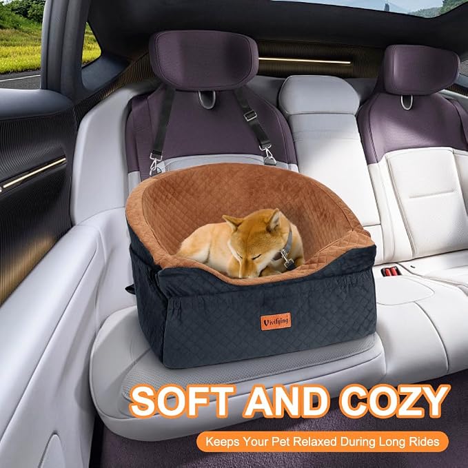 Dog Car Seat for Small & Medium Dogs, Detachable & Washable Booster Seat for Pets Up to 30lbs, Travel Bed with Storage Pockets and Safety Belt – Brown&Black