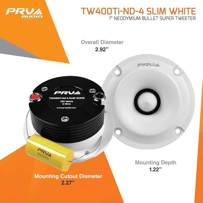 Bullet Super Tweeters - Neodymium, 3 Inch Slim, 120 Watts Max Power, Easy to Mount Pair, 4 Ohm, White
