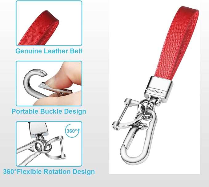 Genuine Leather Car Keychain,Universal Heavy Duty Metal Key Chain Accessories,Car Fob Key Keychain Holder with 360 Degree Rotatable Snap Swivel and Anti-Lost D-Ring for Men Women（Red）