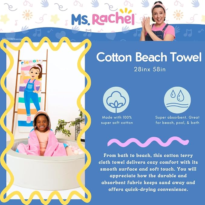 Ms. Rachel Kids Super Soft Cotton Bath/Pool/Beach Towel, 58 in x 28 in, (Officially Licensed Product) By