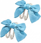 2 PCS Bow Pearl Car Seat Headrest Hook – Cute Purse Hook for Car, Girly Interior Decoration Accessories Hook Hanger, Seatback Holder for Purses & Bags, Elegant Car Organizer (Sky Blue)