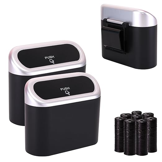 Mini Car Trash Can with Lid, Small Car Garbage Can, Cute Leakproof ABS Car Trash Bin, Car Accessories for Interior, Garbage Bin for Car, Home, Office with 120pcs Trash Bags Black/Silver