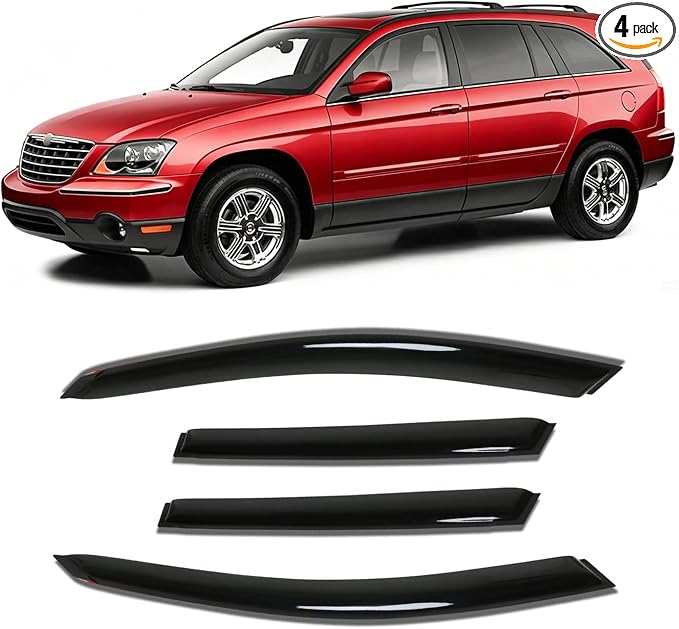Rain Guards for 2004-2008 Chrysler Pacifica, Out-Channel Window Visor Shields Vent Deflector Shade Wind Dark Smoke 2005 2006 2007 04 05 06 07 08, Tape-On Outside-Mount, 4PCS