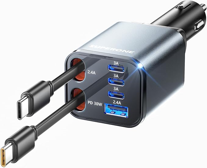 Retractable Car Charger, [Ultra-Compact] 6-Port Car Charger USB C, iPhone Car Chargers Fast Charging with Dual USB C Cables, RV Power Adapter for iPhone 17/16/15/14/13/12 Series