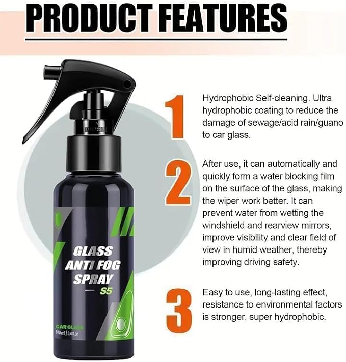 Luvio Car Glass Oil Film Remover with Cleaning Brush and Anti Fog Spray, Hydrophobic Rain Repellent for Windshield, Long Lasting Defogger for Car Windows, Mirrors, Helmets and Eyeglasses, 3.4Fl Oz