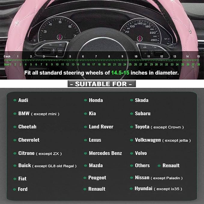 Pink Steering Wheel Cover, Diamond Leather Bling Steering Wheel Cover, Anti-Slip Steering Wheel Protector with Crystal Rhinestones for Women and Girl Fit 14.5-15 inch
