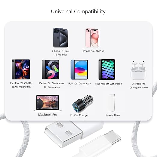 Compatible Car Carplay Cable for Apple 60W USB-C Woven Charger Charging Cord for iPhone 16 15 iPhone 15 Pro Max 15 Plus,AirPods 4, AirPods Pro 2nd,iPad 10th iPad Pro iPad Air USB A to USB C Cable Wire