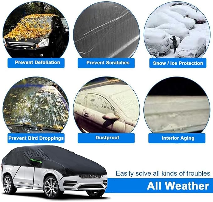 Universal SUV MPVHalf Car Cover Waterproof All Weather, Hail Protector Car Body Covers Outdoor Indoor for All Season Windproof Dustproof UV Resistant Snowproof Protect Your Windshield and Roof