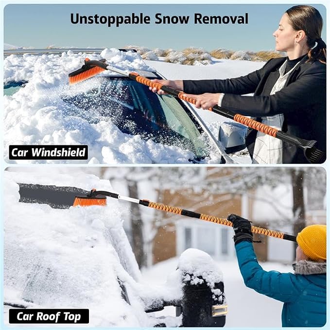 63" Extendable Snow Brush & Ice Scraper with 360° Pivoting Head | Telescopic Aluminum Handle | Extra Long Snow Brush for Car Windshield, Roof & SUVs | Heavy Duty Ice Scraper for Trucks