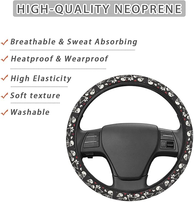 Skull Skeletons Love Dancing Steering Wheel Covers Anti-Slip Elasticity Car Accessories Steering Wheel Protector Universal 15 Inch for Cars SUV Vehicle Truck