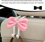 2PCS Bow Pearl Car Seat Headrest Hook, Cute Vehicle Seat Hangers Storage Organizer for Handbag Purse Coat, Auto Interior Headrest Decorative Hook, Universal for SUV RV Truck (Pink)