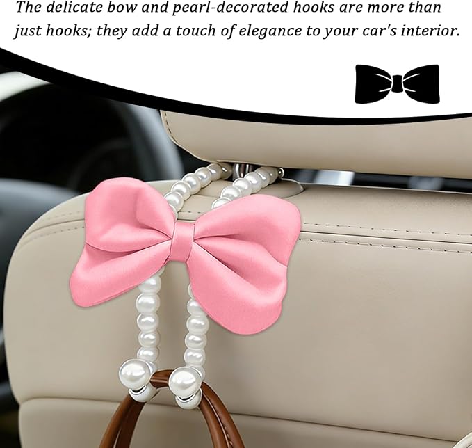 2PCS Bow Pearl Car Seat Headrest Hook, Cute Vehicle Seat Hangers Storage Organizer for Handbag Purse Coat, Auto Interior Headrest Decorative Hook, Universal for SUV RV Truck (Pink)