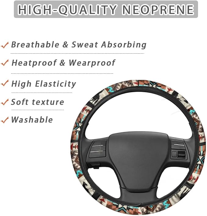 Car Steering Wheel Cover, 15 Inch Soft Breathable Steering Wheel Protector for Women Men, Universal Fit for SUV Sedan Van Truck, Aztec Horse Cowboy Cactus