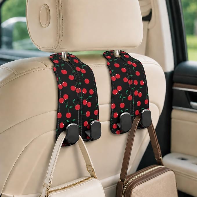 Cute Cherry Car Seat Back Storage Headrest Hooks for Purses & Bags – 2PCS PU Leather Dual Metal Hooks, Backseat Organizer Accessories
