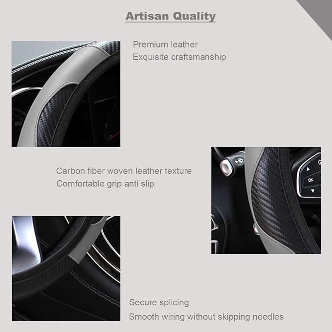 Ultra Fine Carbon Fiber Leather Steering Wheel Cover, Anti Slip and Sun Protective Protect The Steering Wheel, Easy to Install,Universal of 14.5"-15" (Grey)