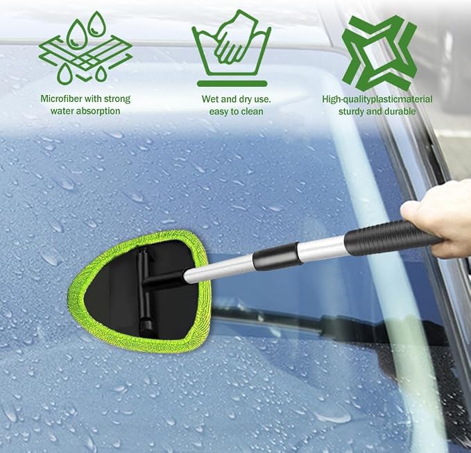 Windshield Cleaning Tool, Car Window Cleaner with Extendable Long Handle and 4 Washable Reusable Microfiber Pads, Auto Interior Exterior Auto Glass Wiper for Windshield, Universal for Cars (Green)