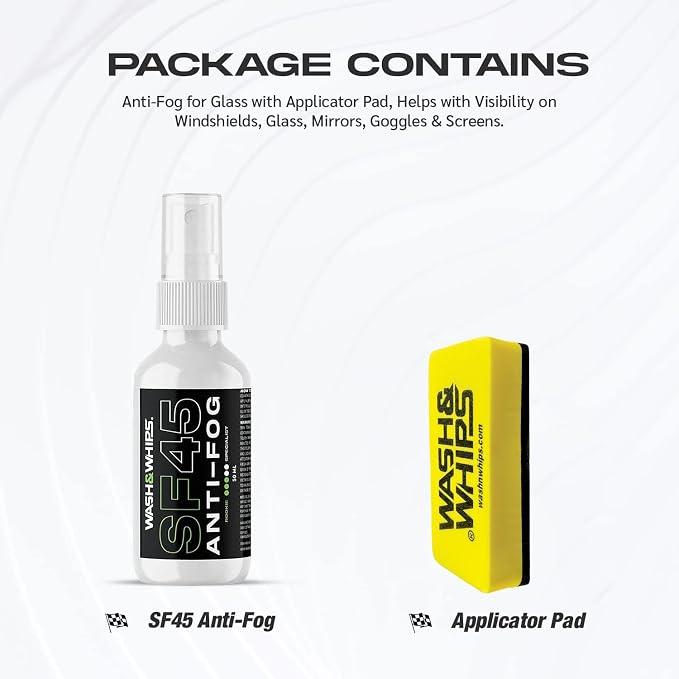 WASH&WHIPS SF45 Anti-Fog for Glass with Applicator Pad, Helps with Visibility on Windshields, Glass, Mirrors, Goggles, and Screens - 50ml
