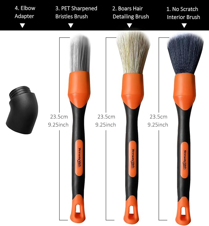 3pcs Car Detailing Brush Set, Boars Hair Detailing Brushes, Ultra Soft Detail Brush for Air Vent Leather Seat, Scratch Free Car Detailing Brushes for Interior Exterior, Orange