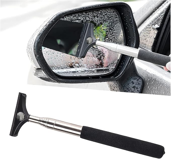 Car Rearview Mirror Wiper, American Flag Telescopic Auto Mirror Squeegee Cleaner, Glass Mist Cleaning Tool with Retractable 98cm Handle, Portable Car Windows Water Removal (Black/Black Flag)