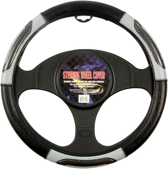 Sporty Two Tone Ergonomic Grip Steering Wheel Cover - Carbon Fiber Grip for Standard Size Wheels 14.5-15 inch Gray/Black