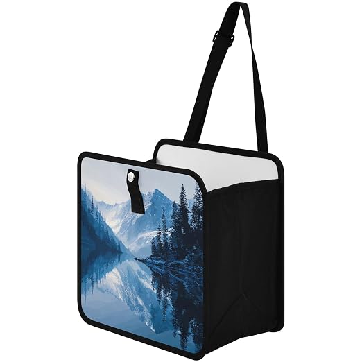 Car Trash Can Organizer Bin with Adjustable Strap for Back Front Seat Console Waterproof Leakproof Collapsible Portable 8.66 Inch Winter Blue Mountain and Mirrored Lake