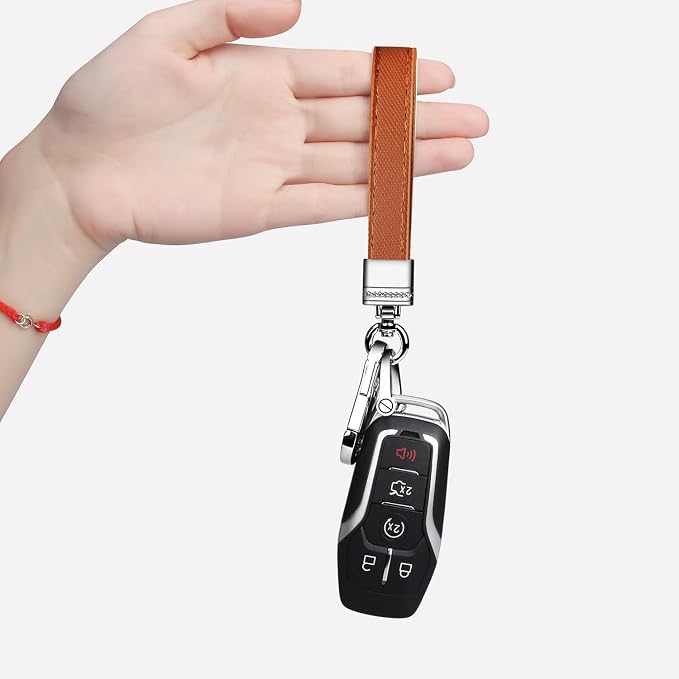 Genuine Leather Car Keychain,Universal Heavy Duty Metal Key Chain Accessories,Car Fob Key Keychain Holder with 360 Degree Rotatable Snap Swivel and Anti-Lost D-Ring for Men Women(Brown)