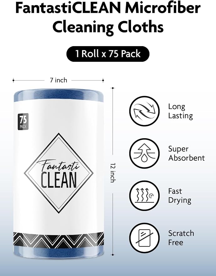 Microfiber Cleaning Cloth Roll-75 Sheets, 12"x12" (Navy Blue) | Super Absorbent, Lint-free, Tear-away Microfiber Towel Roll, for All-Purpose Cleaning, Reusable Alternative to Paper Towels