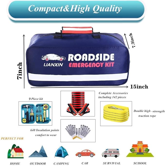 142 PCS Emergency Roadside Kit for Car,Safety Car Kit with Jumper Cables | Roadside Assistance Emergency Kit Warning Triangle, Safety Hammer, Tow Rope, Car Emergency Kit Gifts for New Drivers
