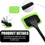 Car Windshield Cleaning Tool, Microfiber Auto Window Cleaner with 4 Cloth Pads & Long Handle, Reusable Window Cleaning Tool Kit for RV SUV Truck, Car Accessories (Green)