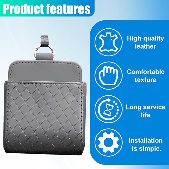 YoRise Car Air Vent Storage Bag, PU Leather Auto Hanging Storage Pouch with Hook, Portable Car Console Organizer, Vehicle Dashboard Organizer Accessories for Key, Cell Phone, Coin, Sunglasses (Gray)