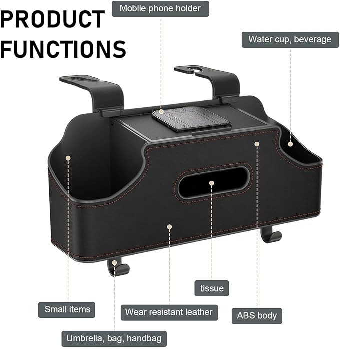 1 PC Backseat Organizer with Dual Cup Holder, Multi-function Tissue Hanging Box and 2 Hooks, Extra Rear Seat Road Trip Storage Accessories, Universal for Most Cars, Trucks, SUVs (Black)