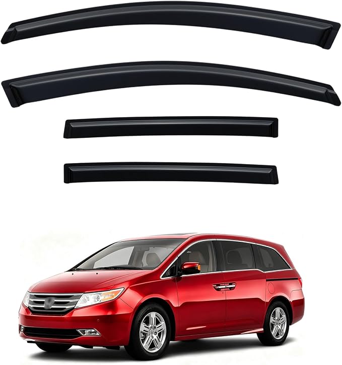 Rain Guards for 2011-2017 Honda Odyssey, Out-Channel Window Visor Shields Vent Deflector Shade Wind Dark Smoke 2012 2013 2014 2015 2016, Tape-On Outside-Mount, 4PCS